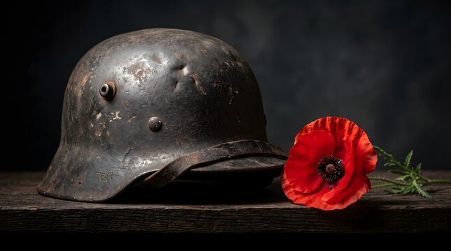 World war one steel helmet and a vibrant red poppy flower on a dark background