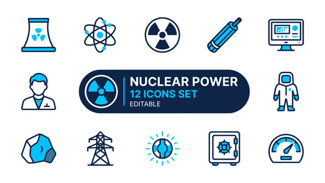 Nuclear Power Icons: A collection of twelve vector icons representing various aspects of nuclear power, including atomic energy, radiation, and power generation.
