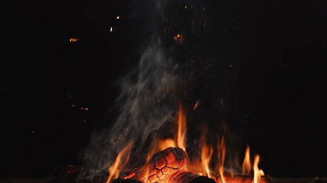 Embers exploding from a campfire during twilight with dramatic lighting and subtle smoke effects