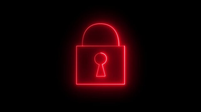 Glowing neon red color security lock icon animation encryption privacy protection secret padlock icon on black background 4k video