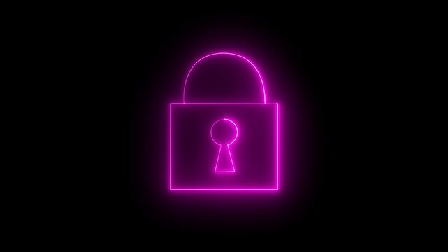 Glowing neon pink color security lock icon animation encryption privacy protection secret padlock icon on black background 4k video