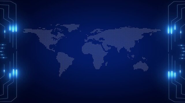 World map animation displays dotted landmasses with circuits. Global network data routes on this world map animation. International telecommunication powers map.
