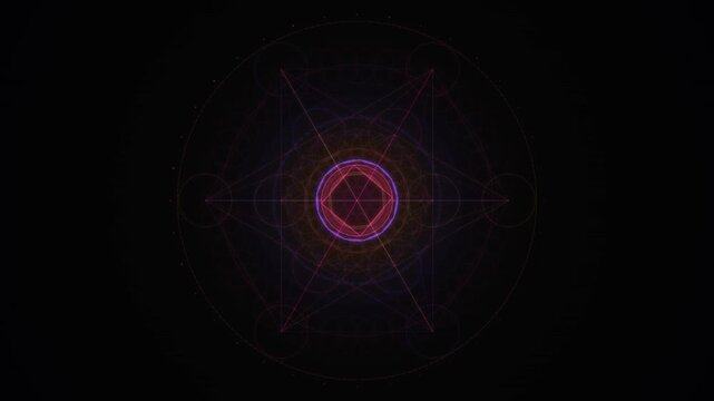 A complex geometric pattern consisting of intersecting lines and circles glowing in vibrant colors against a dark background
