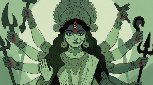 Durga Puja illustration of Goddess Durga holding traditional weapons in a stylized green background