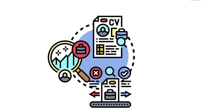 Online hiring platform icon representing the process of finding employment and recruiting new team members, involving resume submissions, candidate evaluation, and job application management