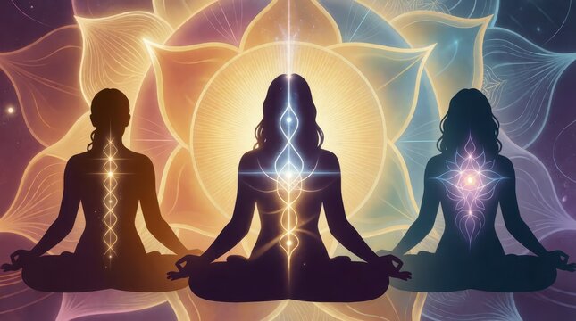 Three women silhouettes meditating in lotus position with glowing chakra energy and lotus background