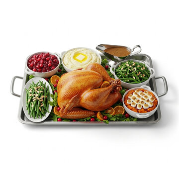 Traditional Festive Thanksgiving Turkey Dinner with Side Dishes on Tray