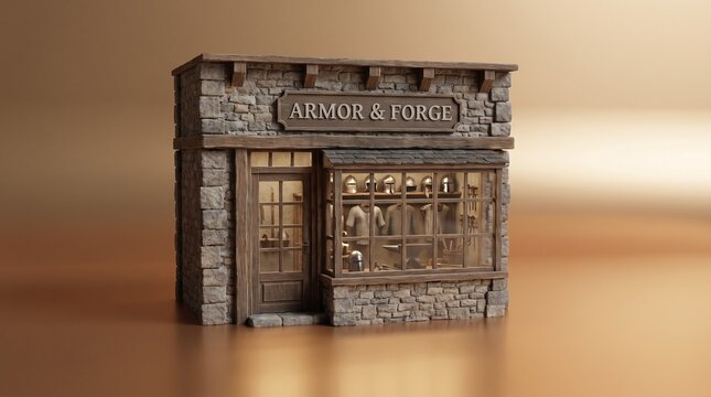 Armor shop storefront built with rustic stone walls and wooden framing displays ancient weapons and medieval gear inside a miniature fantasy architectural model isolated on a warm gradient background.