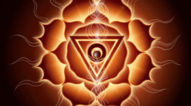 Sacral chakra symbol with glowing orange lotus petals for spiritual meditation and yoga background