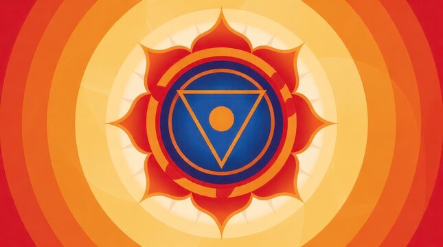 Sacral chakra symbol with orange lotus petals and blue triangle on a circular gradient background