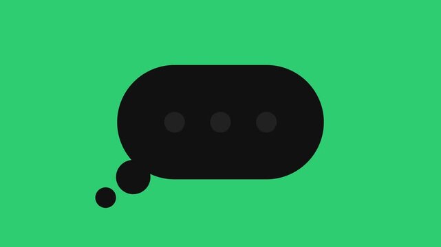 Black thought bubble with three dots icon representing message typing or thinking process isolated on flat green background for digital communication