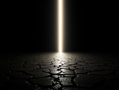 Bright beam of light shining on cracked dry earth ground
