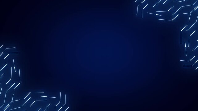 Technology background animation displays corner circuit lines. Motherboard hardware telemetry routes on background. Modern digital computing data powers it.