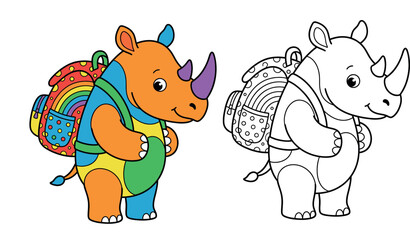 Cute Cartoon Rhinoceros Student with Colorful Rainbow Backpack Illustration © MstSangita
