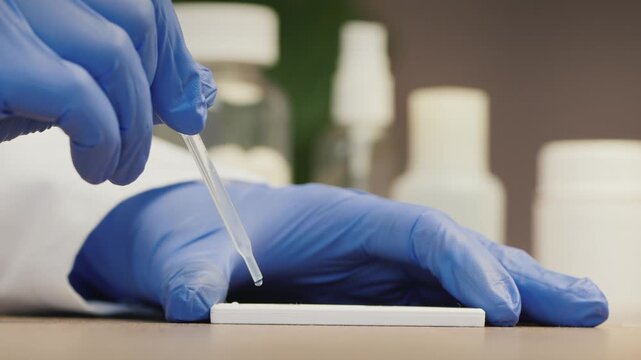 Scientist in blue gloves performing rapid antigen diagnostic test using pipette in laboratory setting.