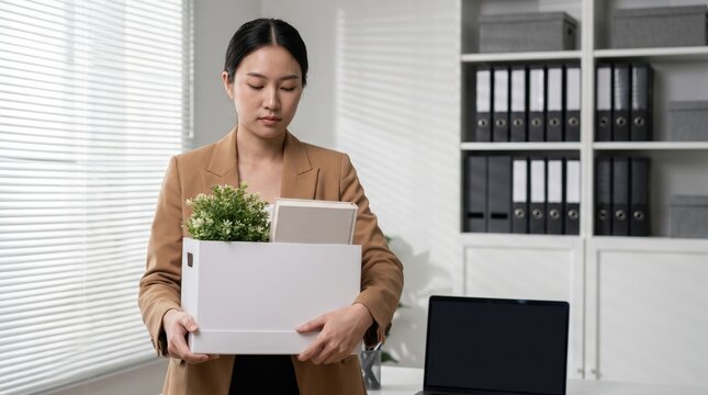 Sad Young Asian Businesswoman Holding Box of Belongings After Being Fired from Job.