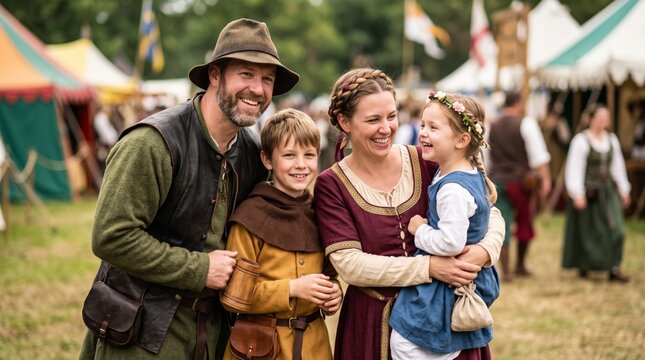 Smiling parents and two children in medieval costumes enjoy a family outing at a lively Renaissance fair