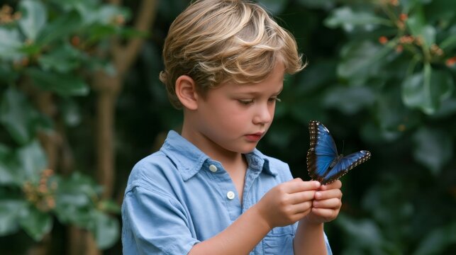 Young boy holding blue butterfly in nature