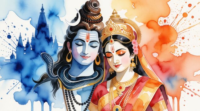 Maha Shivaratri illustration featuring Lord Shiva and Goddess Parvati with watercolor temple art
