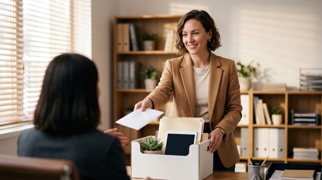 Smiling female manager welcoming new employee with a box of office supplies.