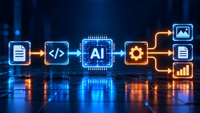 Artificial Intelligence AI processing data and generating insights code and images in a futuristic digital workflow concept