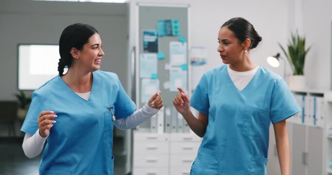 Dancing, laugh and team in hospital with fun, medical achievement and celebration for shift end. Happy, women and nurse with success, healthcare breakthrough and playful groove with completed work.