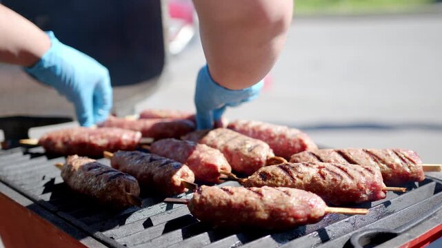 Lyulya Kebab Cooking on Hot Barbecue Grill