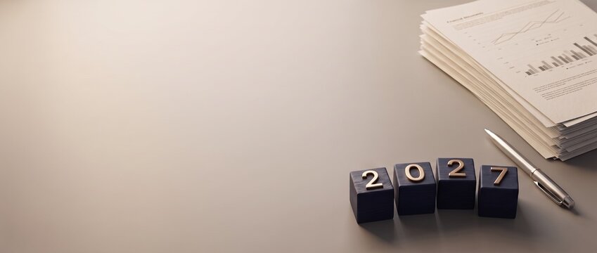 Financial planning for 2027. Wooden blocks with year numbers, accounting reports, and pen. Business background with large copy space for auditor, consultant, or manager website header.
