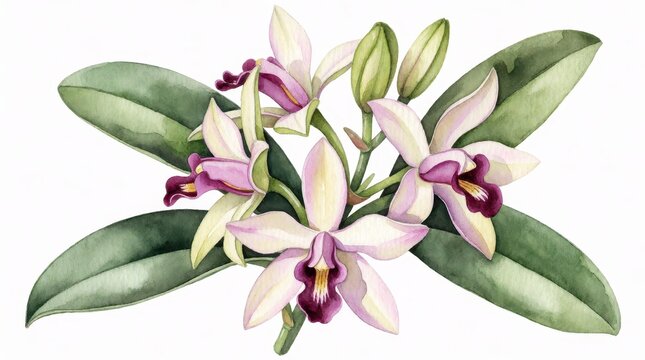 Watercolor illustration of blooming cattleya orchid flowers isolated on a white background