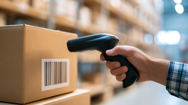 Hand scanning barcode on cardboard box