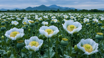Obraz premium White opium poppy field with seed pods under mountains