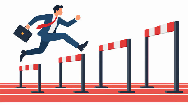 Businessman Jumping Over Hurdles on Running Track Overcoming Obstacles Vector
