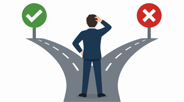 Confused Businessman Standing at Crossroads Choosing Between Right and Wrong Path Vector