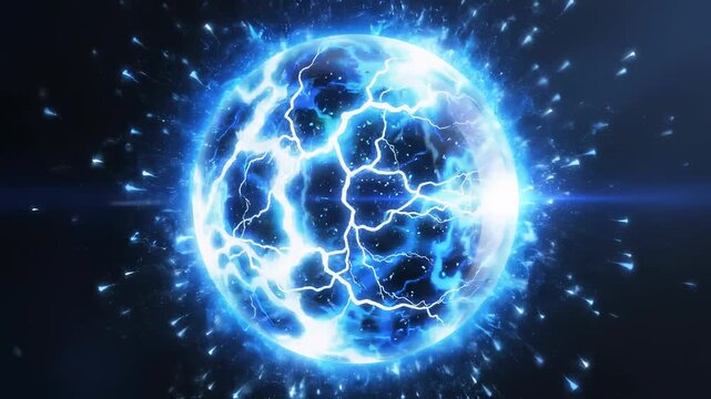 Energetic plasma sphere with electrical discharges pulsing outwards in dark void during scientific exploration