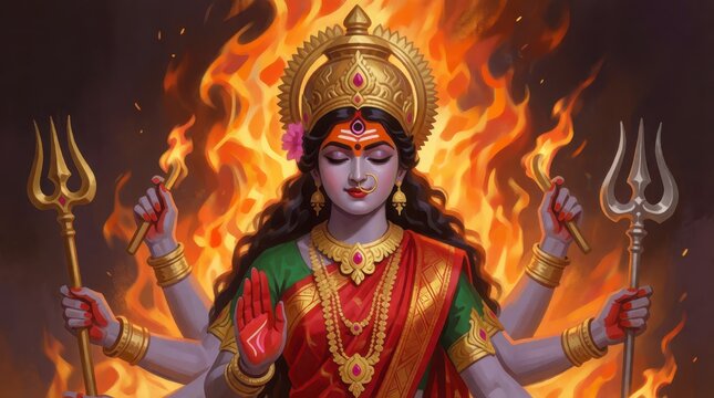 Goddess Kali holding tridents with fire background for Hindu religious festival celebration