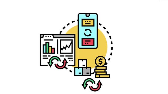 Online business process illustrates digital marketing, e commerce analytics, and sales funnel leading to revenue growth and customer acquisition in a streamlined cycle