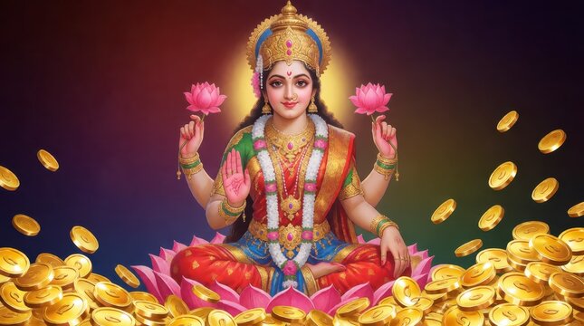Goddess Lakshmi sitting on a lotus flower with falling gold coins for Diwali festival celebration