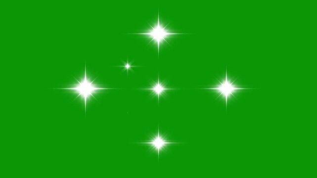 White glowing doodle cartoon stars on green background with magic dust trails, flat vector retro style sparkle twinkling star animation, seamless loop overlay effect for magical visual 4k video