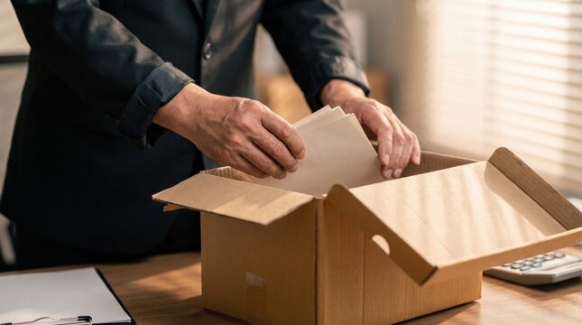 Unrecognizable Person Packing Documents into a Cardboard Box on a Wooden Desk.