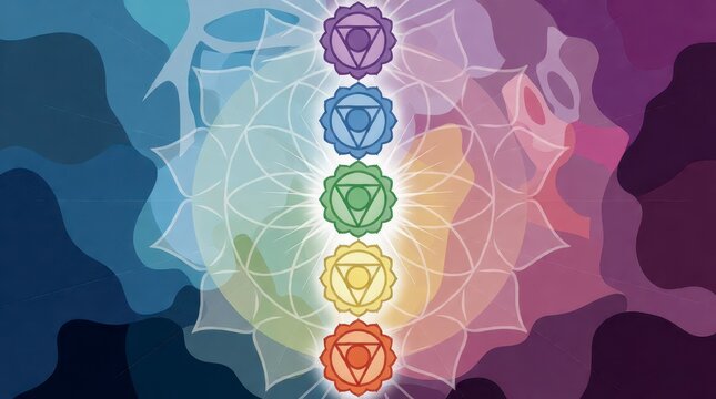 Seven chakra symbols arranged vertically on a colorful mandala background with copy space