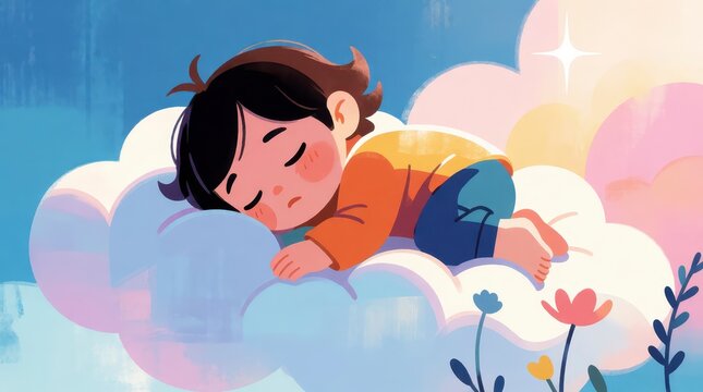 Cute cartoon boy sleeping peacefully on a fluffy cloud in a dreamy sky with soft pastel colors