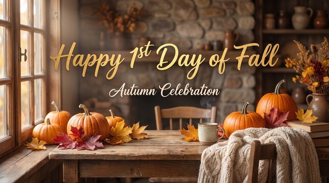 A warm and inviting rustic kitchen dining table decorated with seasonal pumpkins fall foliage and a steaming mug of hot beverage on the first day of autumn