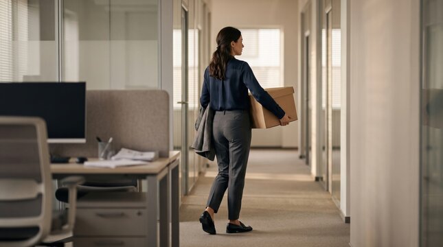 Woman Employee Carrying Box Walking Down Office Hallway Moving Out of Workplace.