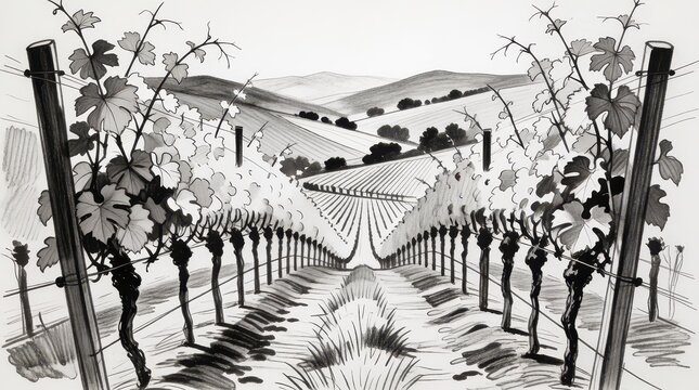 Black and white ink illustration of a vineyard landscape with rows of grapevines and rolling hills