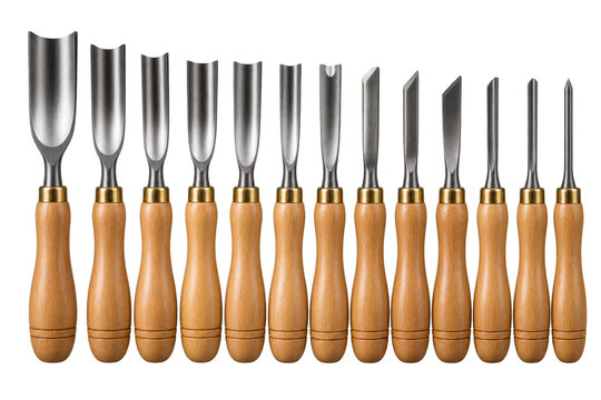A collection of twelve wood carving chisels with wooden handles arranged in a row , transparant backround, AI generative