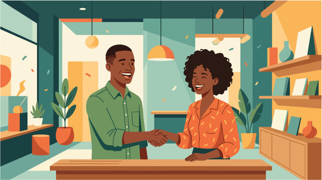 Black Brazilian couple celebrating the opening of their small creative business, subtle storefront-inspired interior without signs, 2d flat vector, handshake and joyful expressions, entrepreneurship