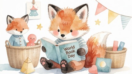 Fototapeta premium Cute fox reading a book for World Book Day celebration with bunting and wicker baskets background