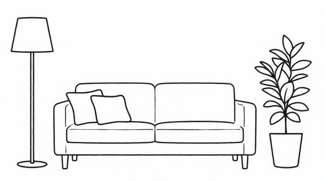 Minimalist line drawing of a living room sofa with floor lamp and potted plant on white background