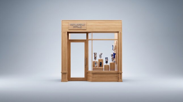 Boutique shop front featuring a classic wooden architectural design with large display windows showing merchandise inside against a clean neutral studio background highlighting the retail structure.