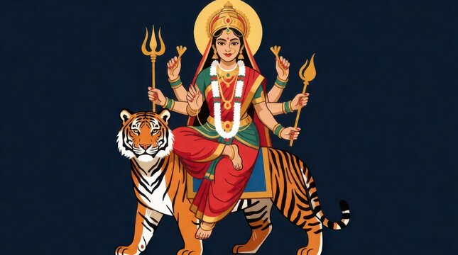 Goddess Durga sitting on a tiger illustration for Navratri festival celebration on dark background